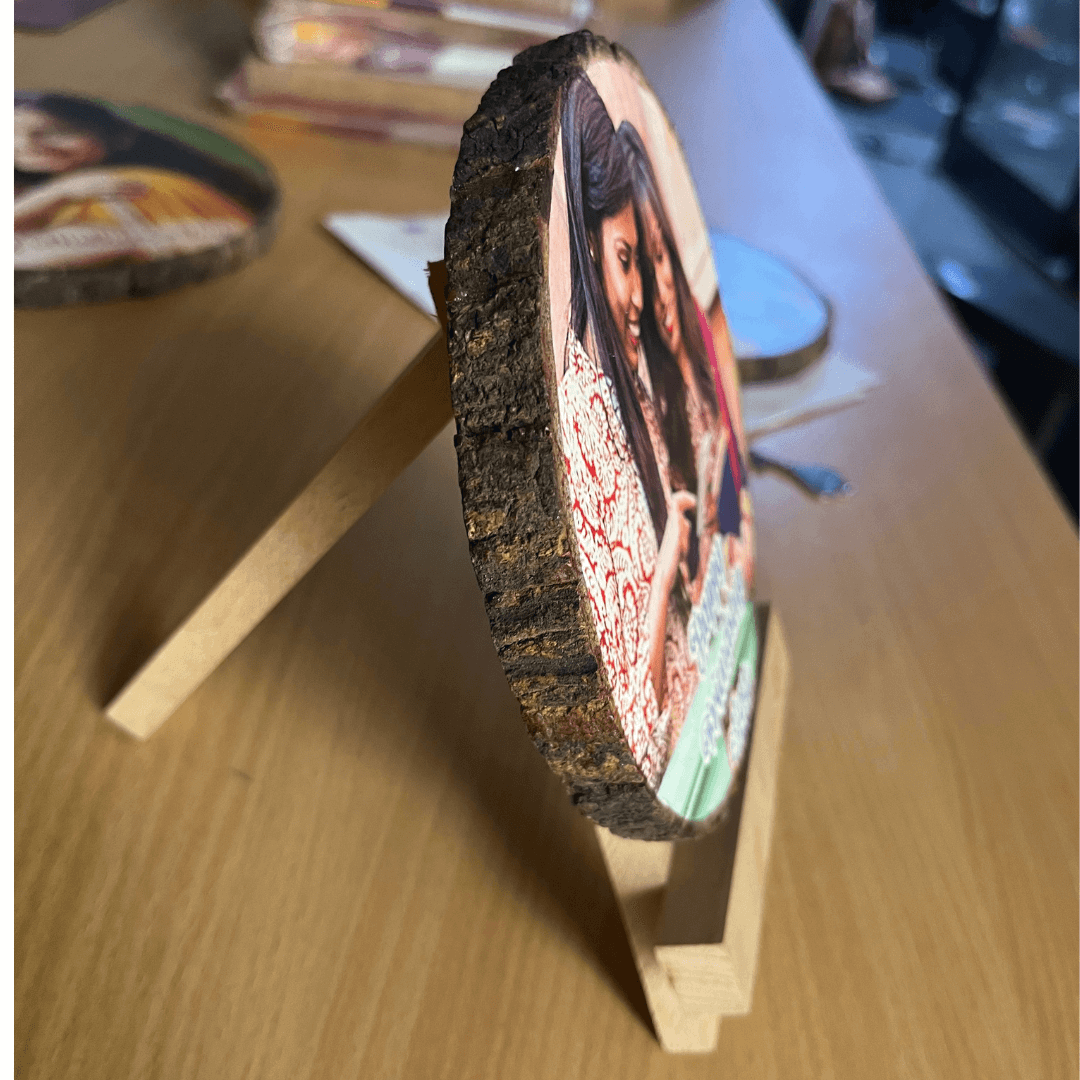 Giftanna Personalized Friendship Day Gift | Round Wooden Photo Plaque 5.5 Inch | UV Printed with Wooden Stand
