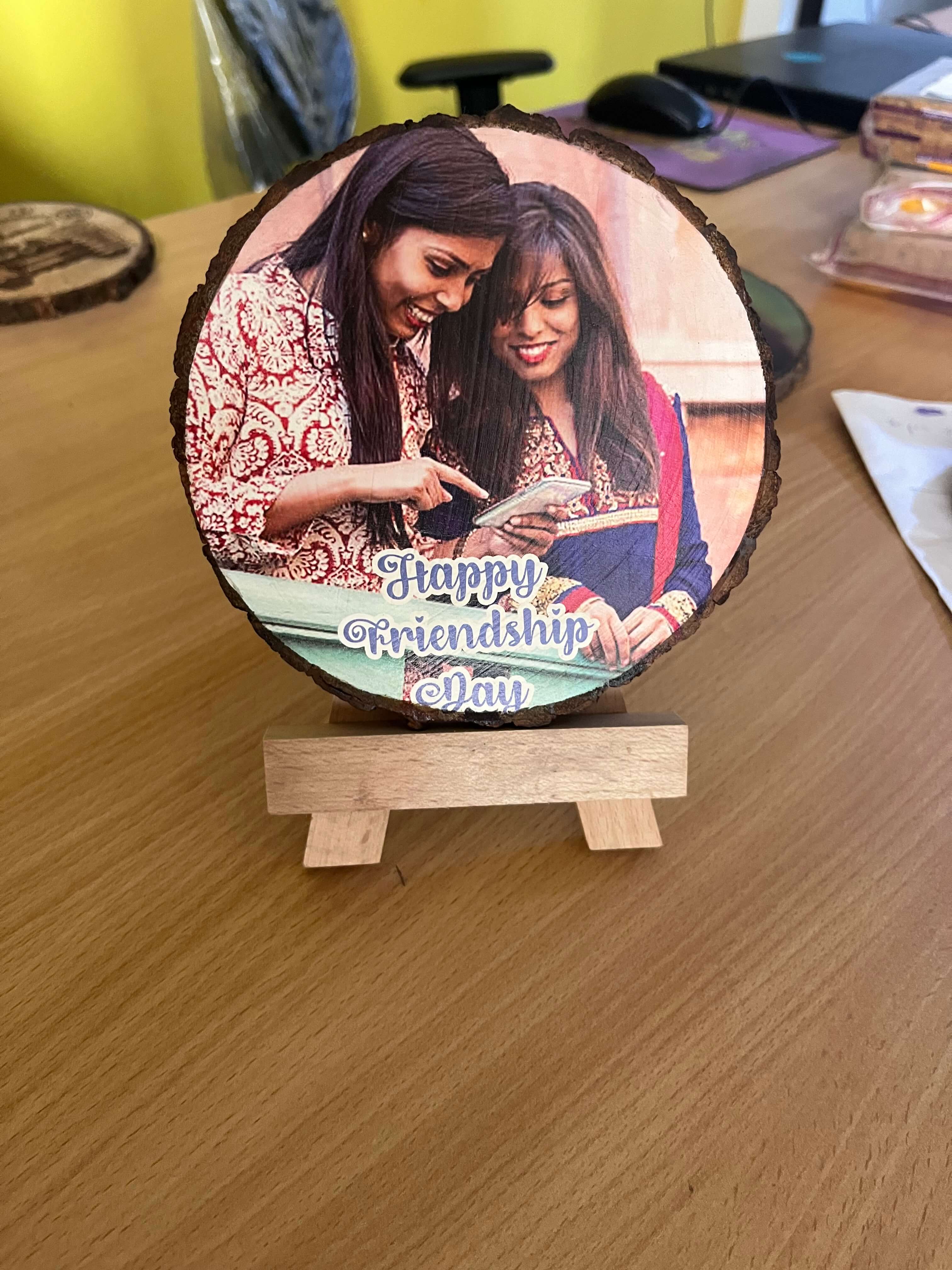 Giftanna Personalized Friendship Day Gift | Round Wooden Photo Plaque 5.5 Inch | UV Printed with Wooden Stand