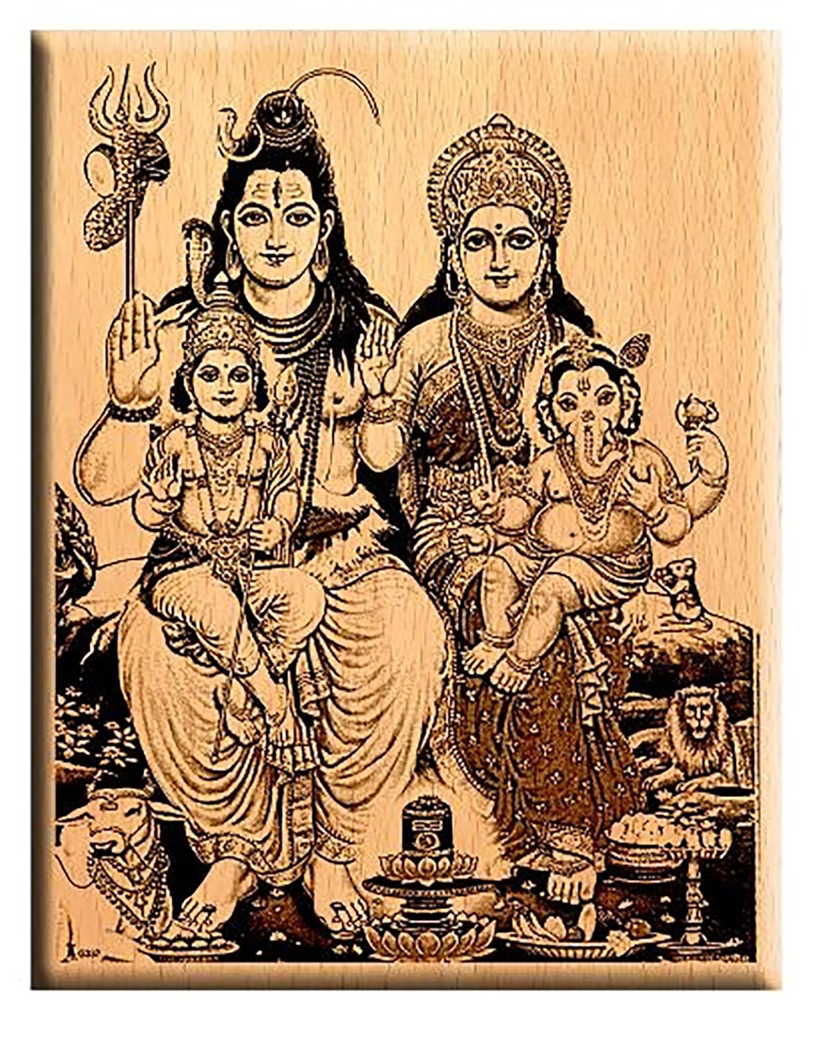 Giftanna Shiv Pariwar including Lord Shiva, Ma Parwati , Lord Kartikeya and Ganesh Wooden Engraved Photo Plaques