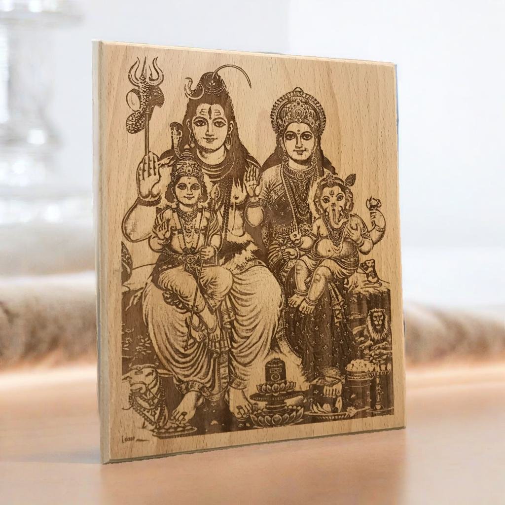 Giftanna Shiv Pariwar including Lord Shiva, Ma Parwati , Lord Kartikeya and Ganesh Wooden Engraved Photo Plaques